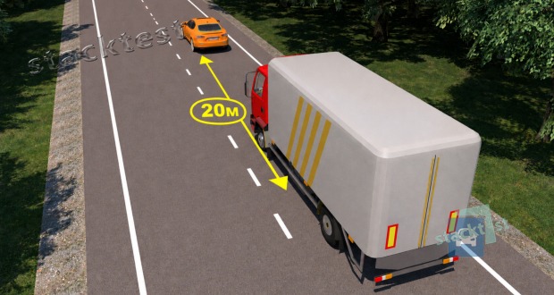 Dodržel řidič červeného nákladního automobilu při rychlosti 72 km/h bezpečnou vzdálenost za vozidlem jedoucím před ním? 