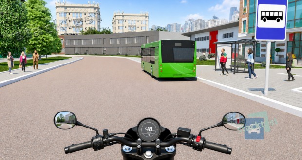 Jedete za autobusem, který zastavuje v zastávce při pravém okraji vozovky. Jak se zachováte?