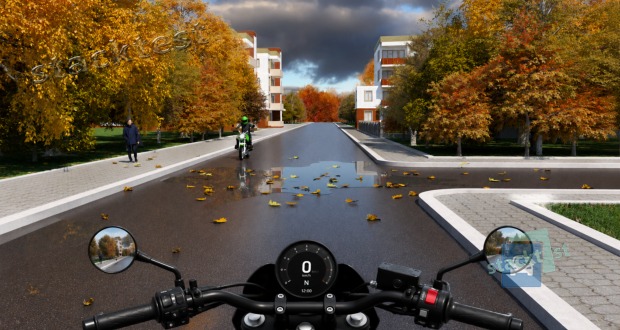 Na vozovce je velká kaluž vody, kterou s motocyklem musíte projet. Jak se zachováte?
