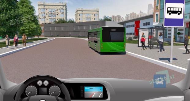 Jedete za autobusem, který zastavuje v zastávce při pravém okraji vozovky. Jak se zachováte?