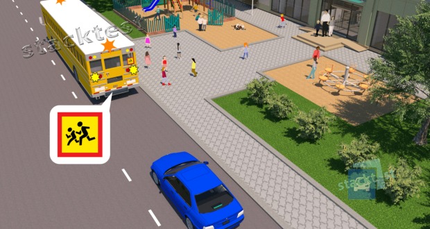 Autobus s označením 'Označení autobusu přepravujícího děti' zastavil v označené zastávce. Řidič vozidla, které jede za ním:
