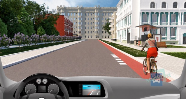 Pokud bude řidič motorového vozidla z výhledu ve vyobrazené dopravní situaci v obci míjet cyklistu ve vyhrazeném jízdním pruhu, pak: