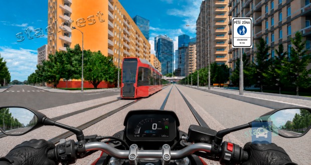 Může řidič motocyklu ve vyobrazené křižovatce pokračovat v přímém směru?