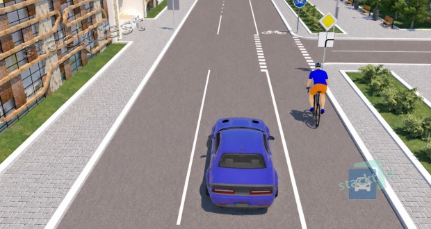 Musí řidič vozidla z výhledu ve vyobrazené dopravní situaci dodržet zákonem stanovený bezpečný boční odstup nejméně 1,5 m od cyklisty?