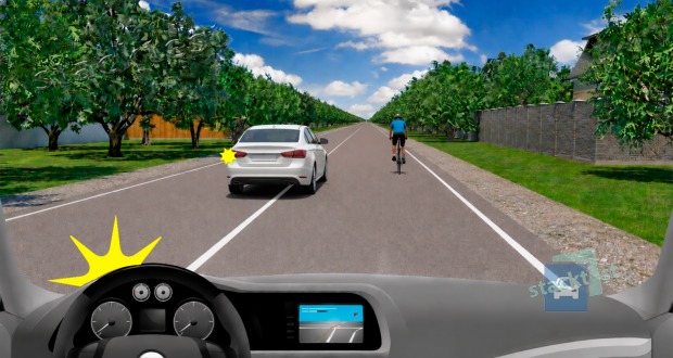 Porušili řidič vozidla z výhledu a řidič bílého osobního vozidla ve vyobrazené dopravní situaci při předjíždění cyklisty pravidla silničního provozu?