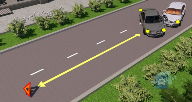 Kokiu mažiausiu atstumu nuo transporto priemonės turi būti pastatytas avarinio sustojimo ženklas ne gyvenvietėse?
