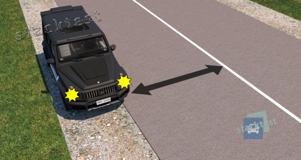 Koks minimalus atstumas turi būti tarp Jūsų transporto priemonės (paliktos stovėti) ir ištisinės ženklinimo linijos šioje situacijoje?