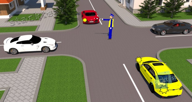 Jus vairuojate baltą automobilį, reguliuotojo ranka ištiesta j priekį. Ar Jums leidžiama važiuoti tiesiai?