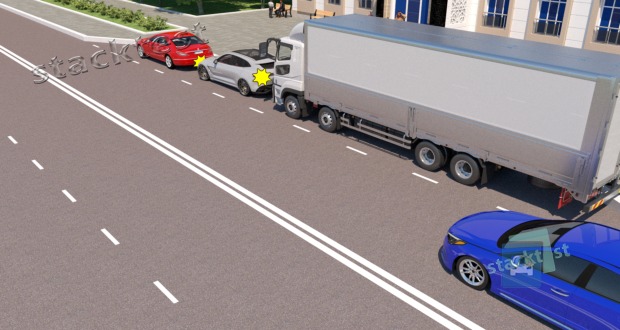 Ketinate pradėti važiuoti iš stovinčių prie važiuojamosios dalies krašto transporto priemonių eilės. Už Jūsų stovi krovininis automobilis, todėl: