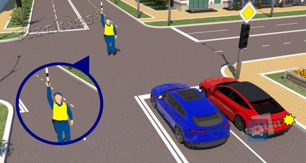 Jus vairuojate mėlyną automobilį, reguliuotojo ranka pakelta aukštyn. Ar jus galite važiuoti?