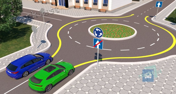 Jūs vairuojate mėlyną automobilį. Įvažiuodami į sankryžą, kurioje eismas vyksta ratu, visada privalote: