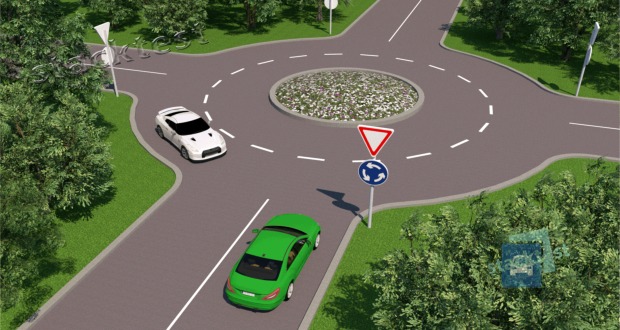 Kurio automobilio vairuotojas privalo duoti kelią šioje situacijoje?