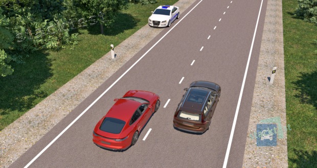 Kurio automobilio vairuotojas privalo duoti kelią šioje situacijoje?