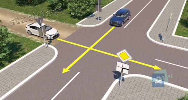 Kurios transporto priemonės vairuotojas pirmas kirs sąnkryžą šioje situacijoje? Balto automobilio vairuotojas(-a) stovi neasfaltuotame kelio ruože.