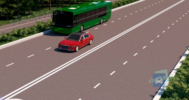 Jus vairuojate raudona automobilį. Kuria eismo juosta privalote važiuoti, pravažiavęs autobusa?