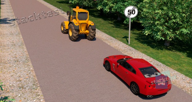 Jūs vairuojate raudoną automobilį. Dėl priešais Jus važiuojančios lėtaeigės transporto priemonės esate priversti smarkiai sumažinti važiavimo greitį. Kaip pasielgsite?