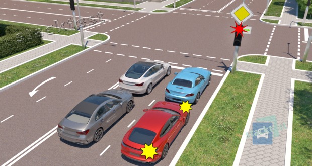 Jus vairuojate mėlyną automobilį ir ketinate važiuoti tiesiai. Kaip privalote pasielgti šioje situacijoje?