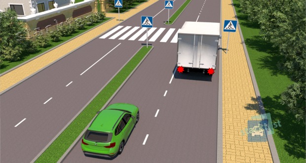 Ar privalo sustoti žalio automobilio vairuotojas, jei sunkvežimis sustojo preš pėsčiųjų perėją?