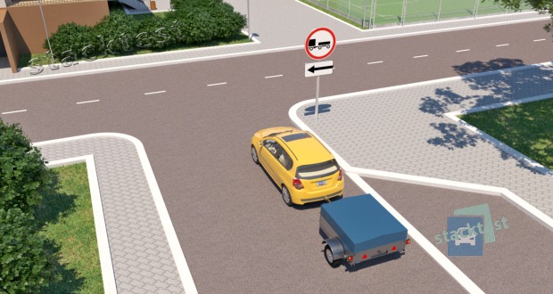Vairuojate lengvąjį automobilį su priekaba. Ar galite šioje situacijoje pasukti į kairę?