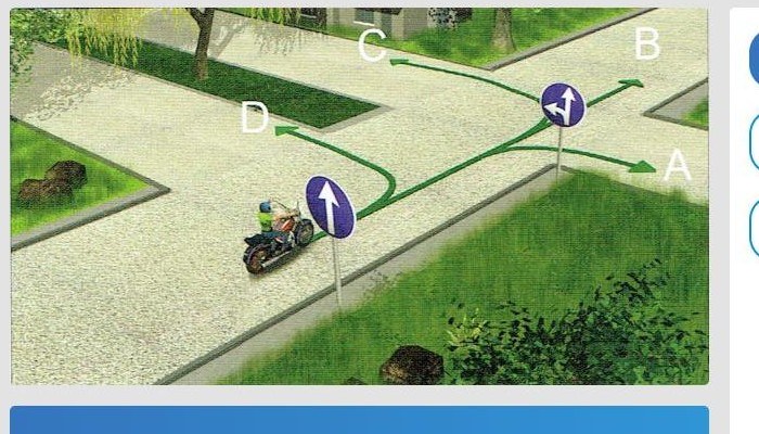 Kādos virzienos motocikla vadītājam atļauts braukt attēlotajā situācijā?