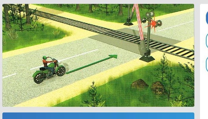 Vai attēlotajā situācijā motocikla vadītājam atļauts šķērsot dzelzceļa pārbrauktuvi?