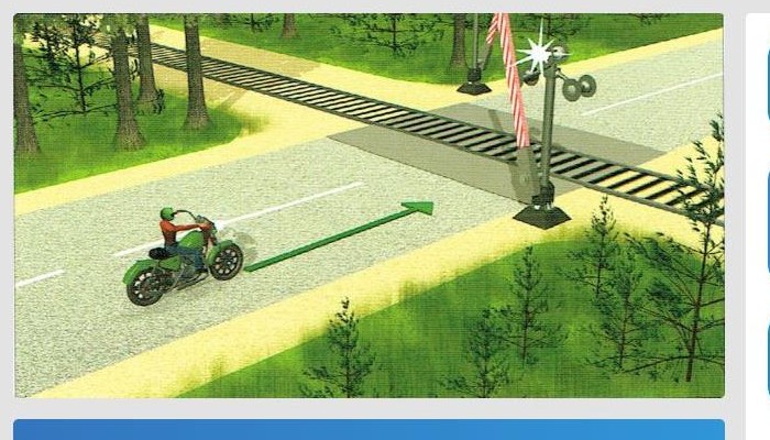 Kā jārīkojas motocikla vadītājam, tuvojoties dzelzceļa pārbrauktuvei, ja luksoforā deg balts mirgojošs signāls?