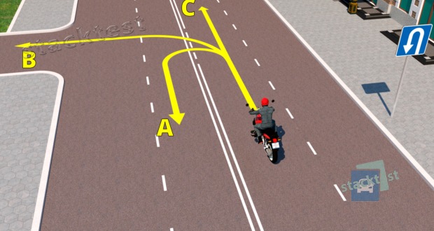 Kādos virzienos atļauts braukt motocikla vadītājam attēlotajā situācija apdzīvotā vietā?