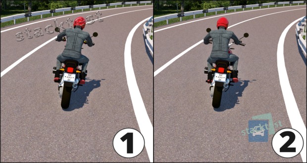 Kurā no attēliem motocikla vadītājs pareizi veic virāžu?