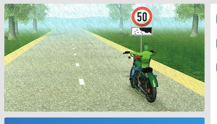 Ar kādu maksimālo ātrumu atļauts braukt motocikla vadītājam attēlotajā situācijā?
