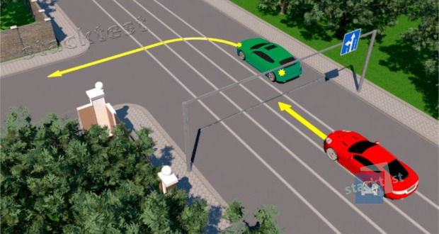 Vai sarkanā automobiļa vadītājam atļauts šķērsot krustojumu, braucot pa tā paša virziena tramvaja sliežu klātni?
