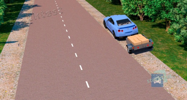 Vai vieglā automobiļa ar piekabi vadītājam piespiedu apstāšanās gadījumā attēlotajā situācijā jāiededz avārijas gaismas signalizācija un jāizliek avārijas zīme?