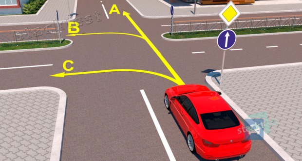 В каких направлениях разрешается движение водителю легкового автомобиля в изображенной на рисунке ситуации?