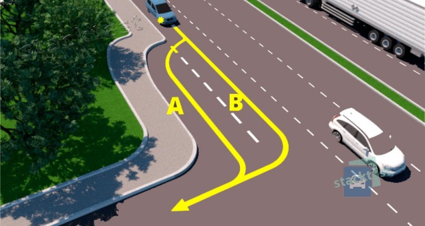 Pa kuru trajektoriju viegla automobiļa vadītajam atļauts nogriezties pa labi attēlotajā situācijā?