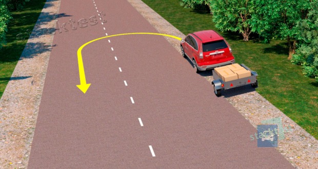 Vai vieglā automobiļa ar piekabi vadītājam atļauts apgriezties braukšanai pretējā virzienā pa attēlā redzamo trajektoriju?