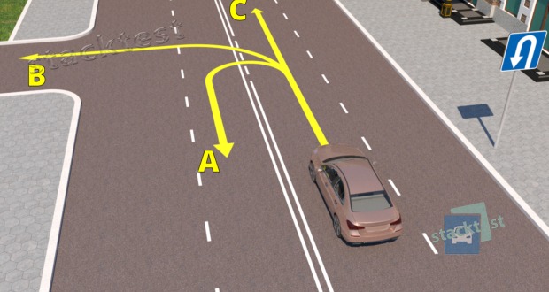 Kados virzienos atļauts braukt viegla automobiļa vadītājam attēlotajā situācijā apdzīvotā vietā?