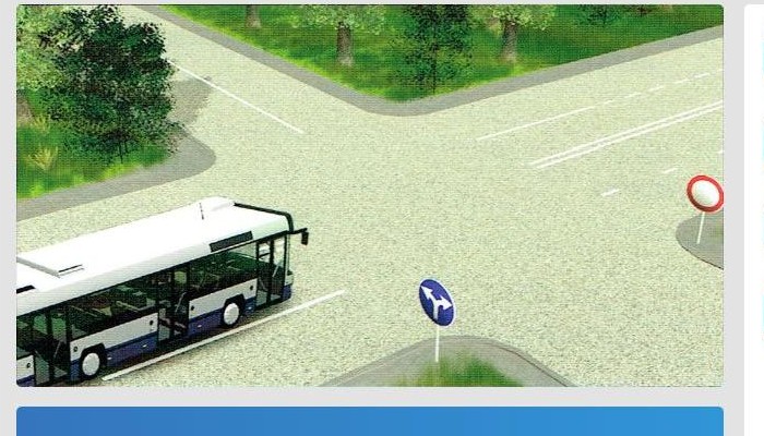 Kādos virzienos attēlotajā situācijā atļauts braukt pasažieru sabiedriskā transportlīdzekļa vadītājam apdzīvotā vietā?