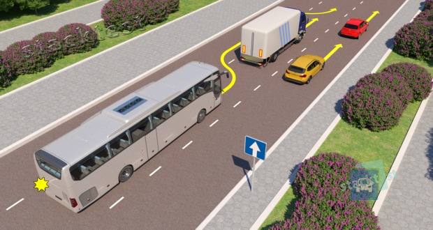 Vai autobusa vadītājam atļauts izdarīt attēlā redzamo manevru apdzīvotā vietā?