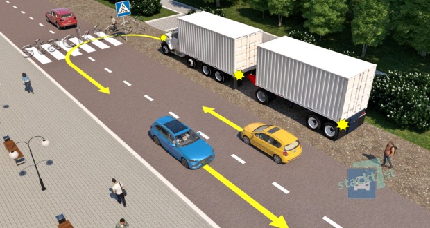 Vai kravas automobiļa ar piekabi vadītājam atļauts apgriezties braukšanai pretējā virzienā attēlotajā situācijā?