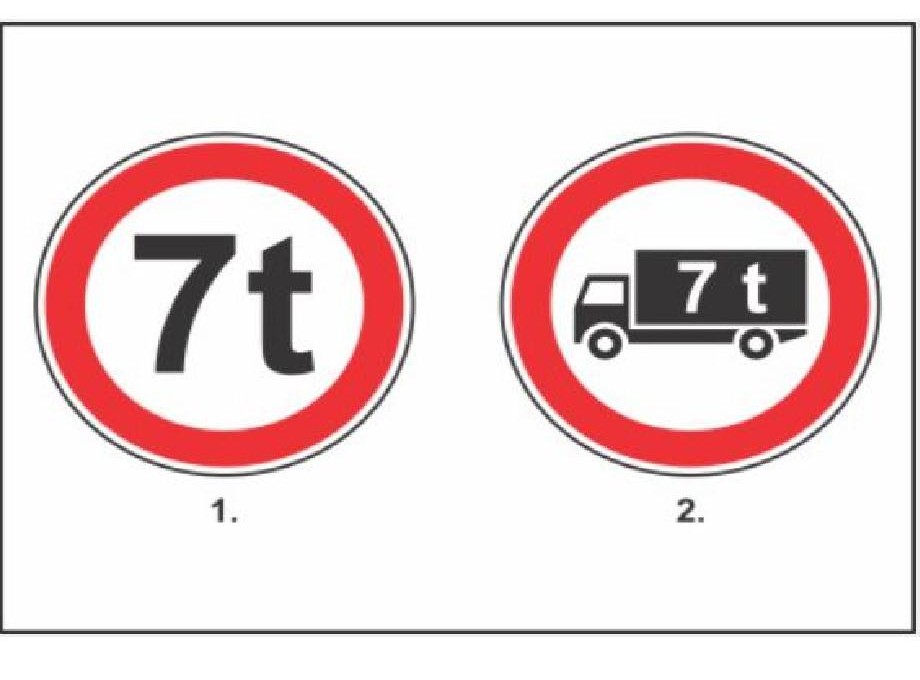 Care din indicatoarele din imagine interzice circulaţia autocamioanelor şi ansamblurilor de vehicule, a căror masă maximă autorizată este de 8000 kg, iar masa reală 7000 kg, precum şi a maşinilor autopropulsate?