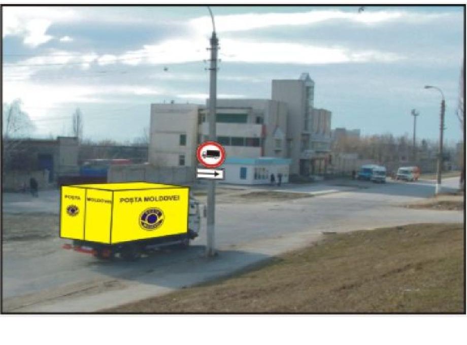 În ce direcţii poate continua deplasarea autocamionul cu simbolul «Poșta Moldovei», aplicat în locul dungii albe înclinate?