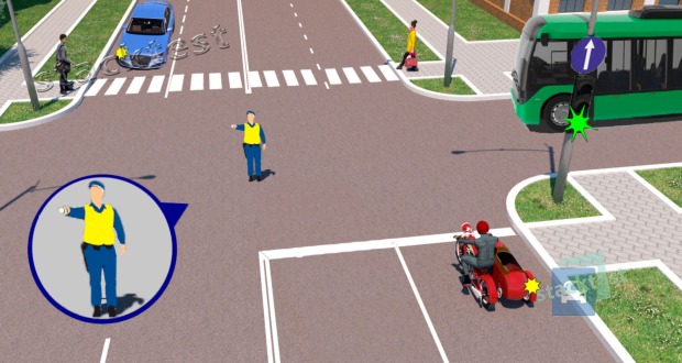 Cui i se permite deplasarea în situaţia din imagine (agentul de circulaţie a întins înainte braţul drept)?