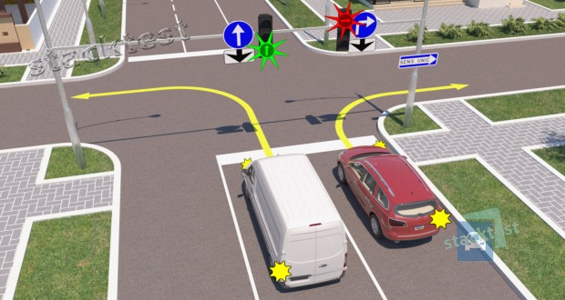 Precizaţi dacă li se permite conducătorilor să traverseze intersecţia în direcţiile indicate?
