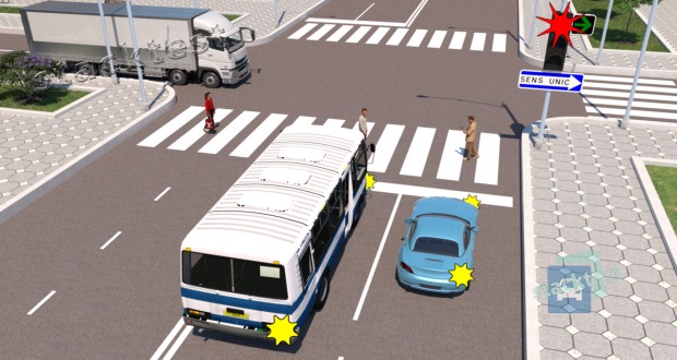 În situația din imagine, conducătorii autobuzului și autoturismului vor opri la linia de oprire, vor ceda trecerea pietonilor și camionului, ulterior vor vira la dreapta. Care din conducători va efectua manevra neregulamentar?