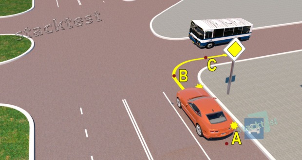 În situaţia din imagine, pentru a nu induce în eroare conducătorul autobuzului, precum şi pentru crearea posibilităţilor de deplasare concomitentă a vehiculelor prin intersecţie, conducătorul autoturismului trebuie să întrerupă semnalizatorul de direcţie în punctul: