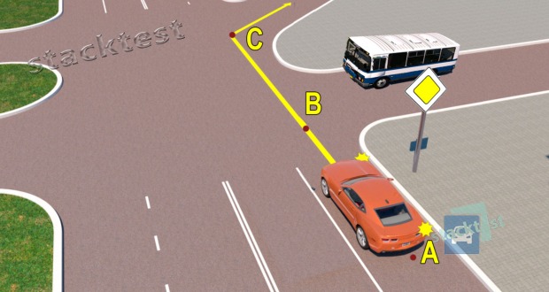 În situaţia din imagine, pentru a nu induce în eroare conducătorul autobuzului şi, prin aceasta, a nu crea o posibilă situaţie de conflict, conducătorul autoturismului trebuie să întrerupă semnalizatorul de direcţie în punctul: