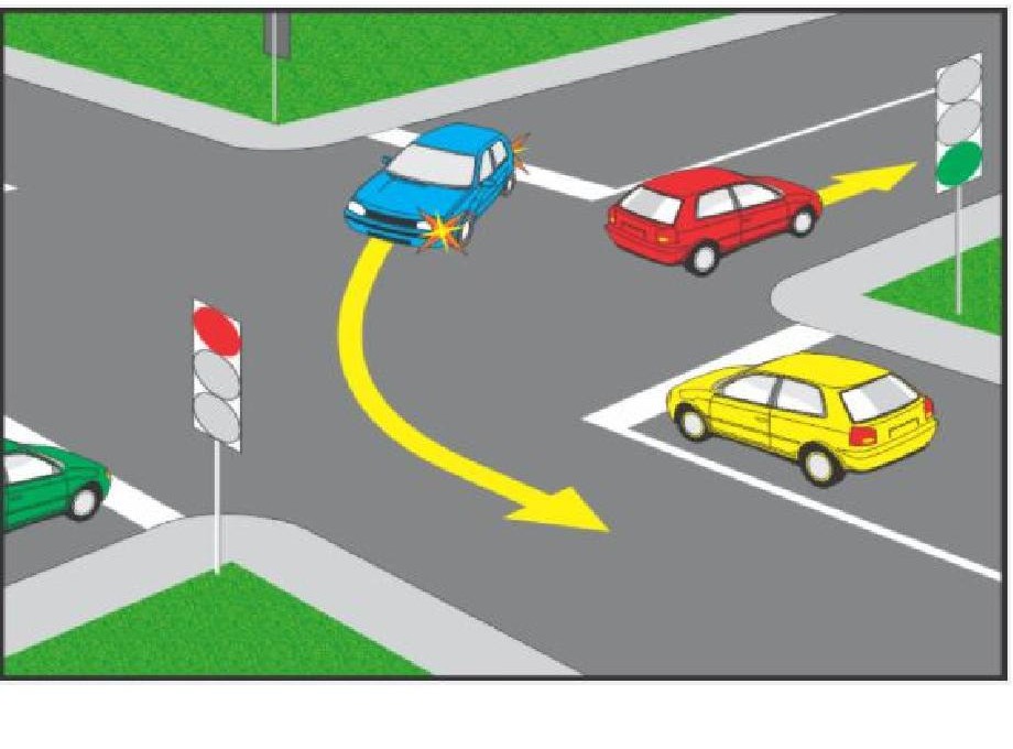 n situaţia din imagine, la apariţia semnalului verde al semaforului conducătorul autoturismului galben: