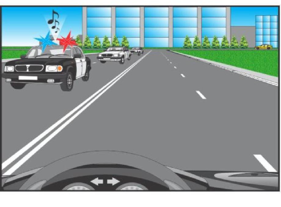 Cum veţi proceda în cazul în care din sens opus vine vehiculul poliţiei la care sunt conectate dispozitivele cu lumină de culoare albastră şi roşie şi semnalul sonor special, care escortează o coloană oficială?