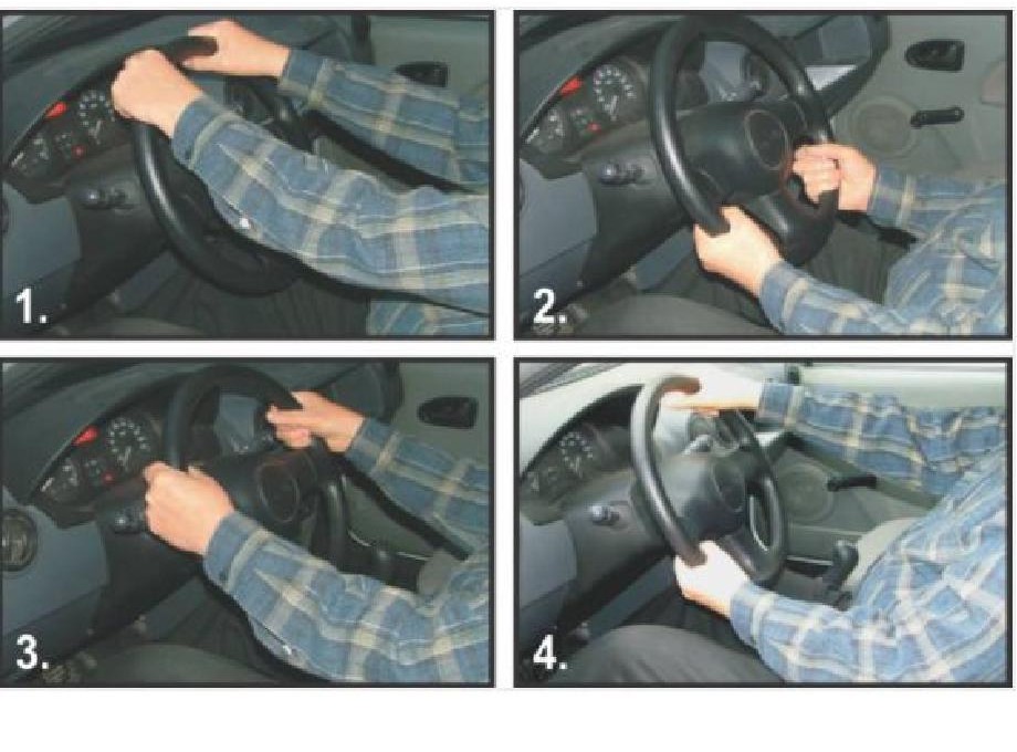 În care din imagini este arătată plasarea corectă a mâinilor pe volan în cazul deplasării rectilinii?