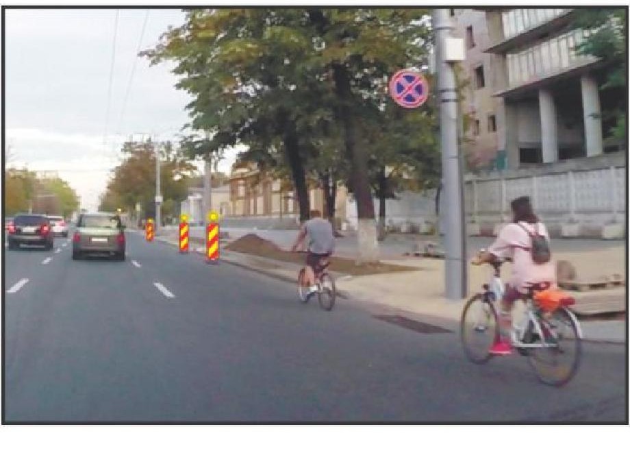 În situația din imagine bicicliștii, pentru a ocoli zona de efectuare a lucrărilor, vor continua deplasarea: