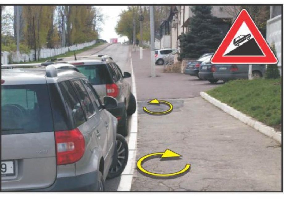 Pentru a exclude pornirea de la sine și ieșirea pe partea carosabilă, în cazul opririi lângă bordură în rampa cu declivitate mare, în care direcție trebuie bracate (întoarse) roțile din față ale automobilului?